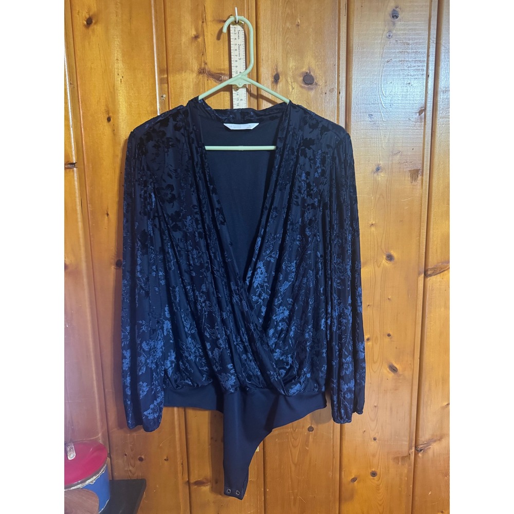 LC Lauren Conrad Dark Blue Burnout Velvet Long Sleeve Bodysuit XL WLSHW018RN